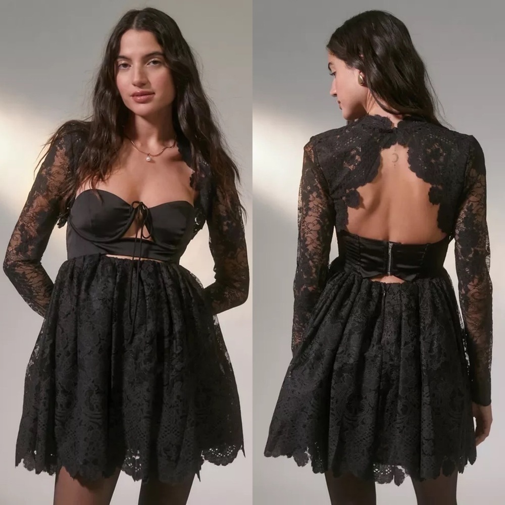 FLL Dress Regina Mini Lace Satin Strapless Cutout Babydoll Underwire Black S GUC - Picture 10 of 10